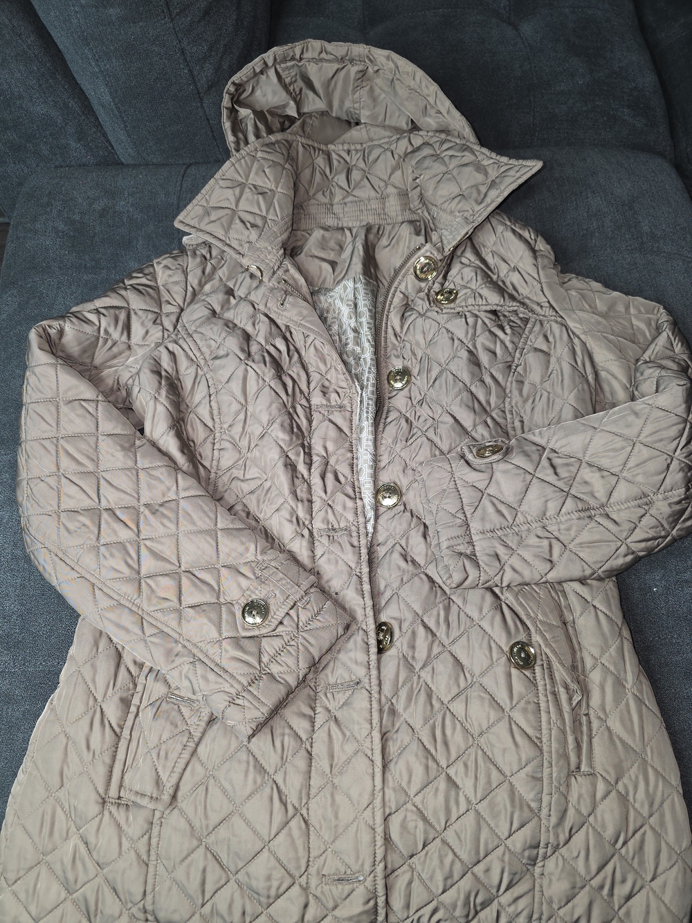 Quilted Hooded Women's Puffer Coat in Taupe